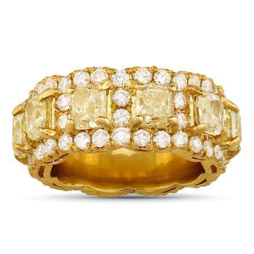 Fancy Yellow Cushion Cut Diamond Eternity Band in 14k Yellow Gold 9.50 Ctw