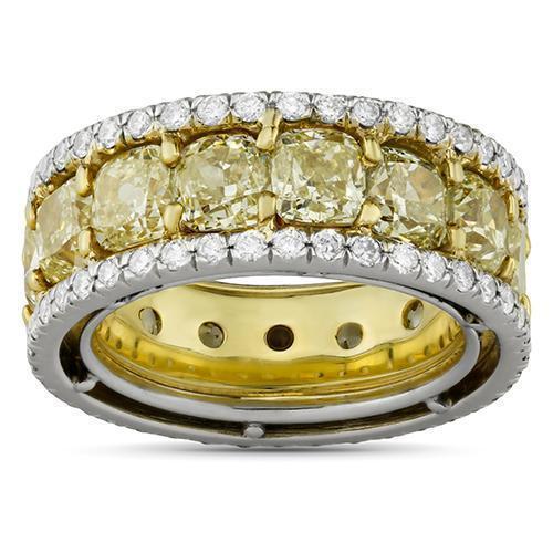 Fancy Yellow Cushion Cut Diamond Eternity Band in Platinum and 18k Yellow Gold 12.47 Ctw