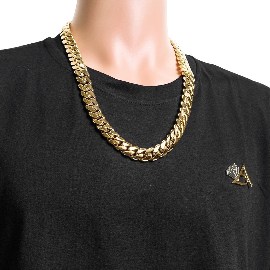 14k Yellow Gold Solid Miami Cuban Link Chain 15.5 mm