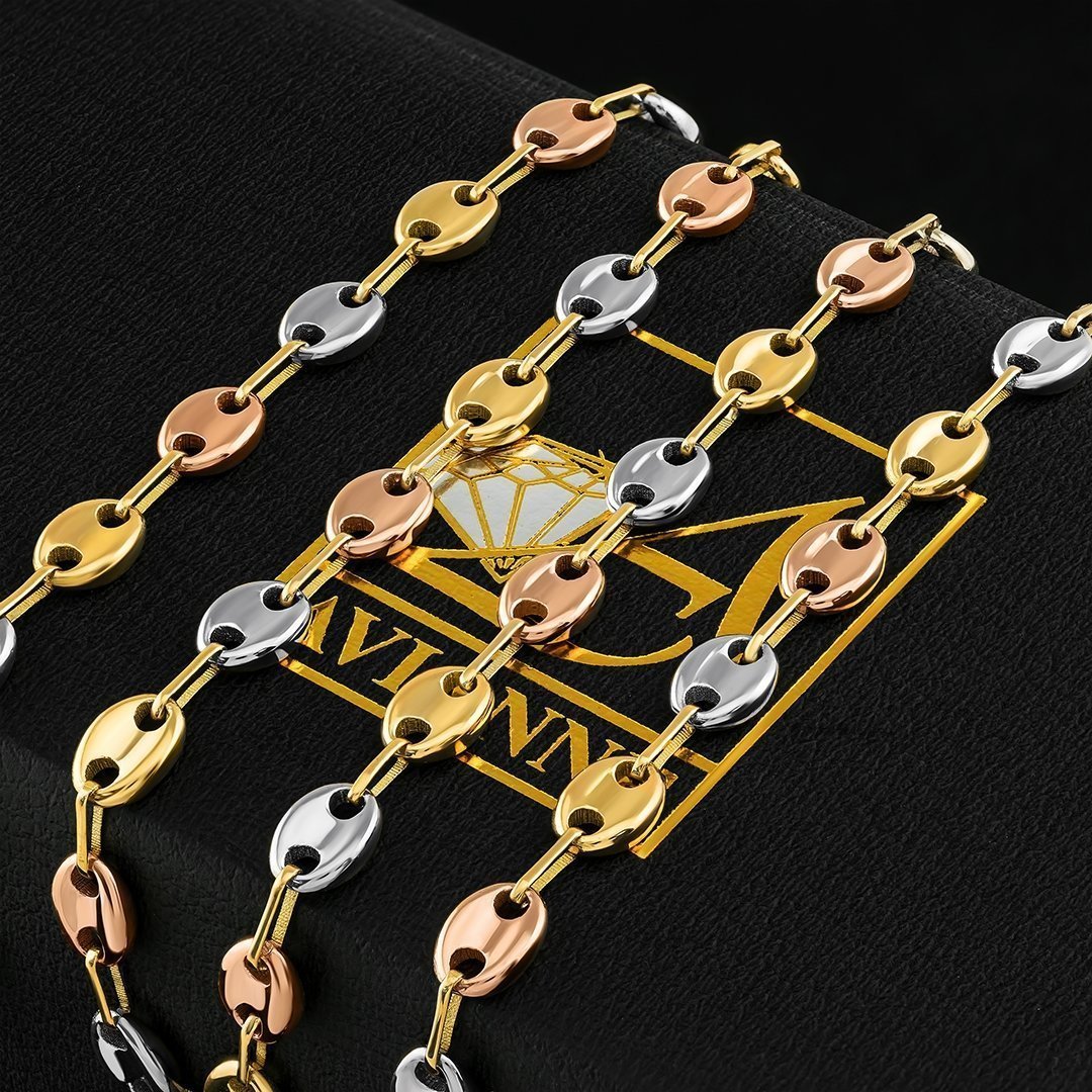 18K Three-tone Gold Puff Link Chain 6 mm