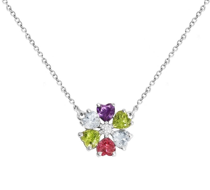 14k Diamond Floral Multi Color Heart Shaped Necklace 0.15ctw