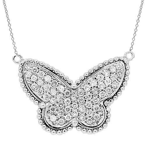 White 14K Solid White Gold Womens Diamond Butterfly Necklace 0.50 Ctw