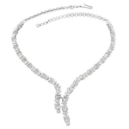 Round and Baguette Cut Diamond Necklace in 14k White Gold 15 Ctw