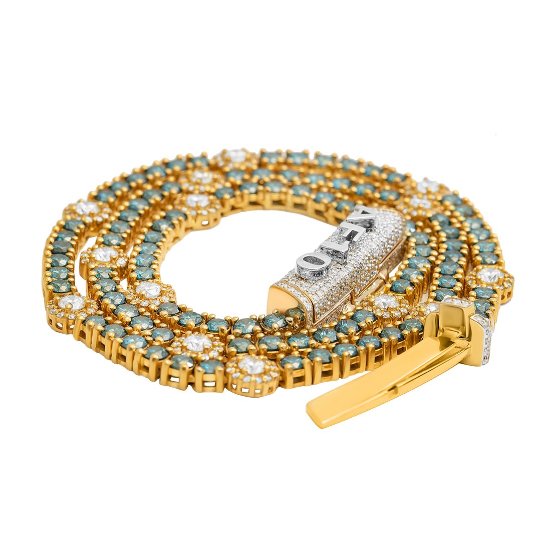 Royal Blue Diamond Tennis Chain in 14k Yellow Gold 27.7 CTW