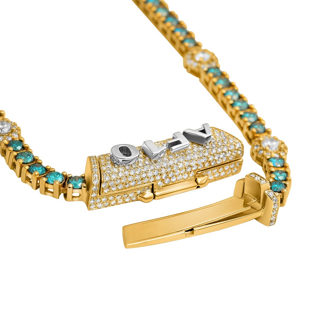 Royal Blue Diamond Tennis Chain in 14k Yellow Gold 27.7 CTW