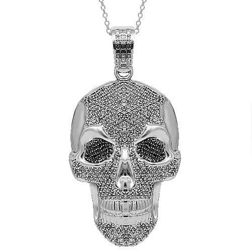 10K Solid White Gold Mens Diamond Skull Pendant with Black Diamonds 6.17 Ctw