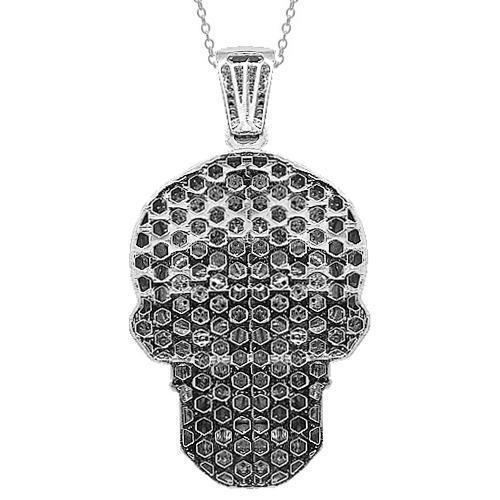 10K Solid White Gold Mens Diamond Skull Pendant with Black Diamonds 6.17 Ctw