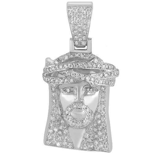 White 10K Solid White Gold Mens Jesus Head Pendant With Round Cut Diamonds 1.25 Ctw