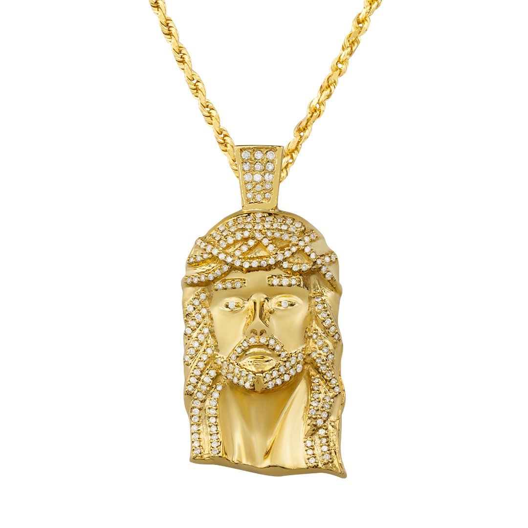 10K Solid Yellow Gold Mens Jesus Head Pendant With Round Cut