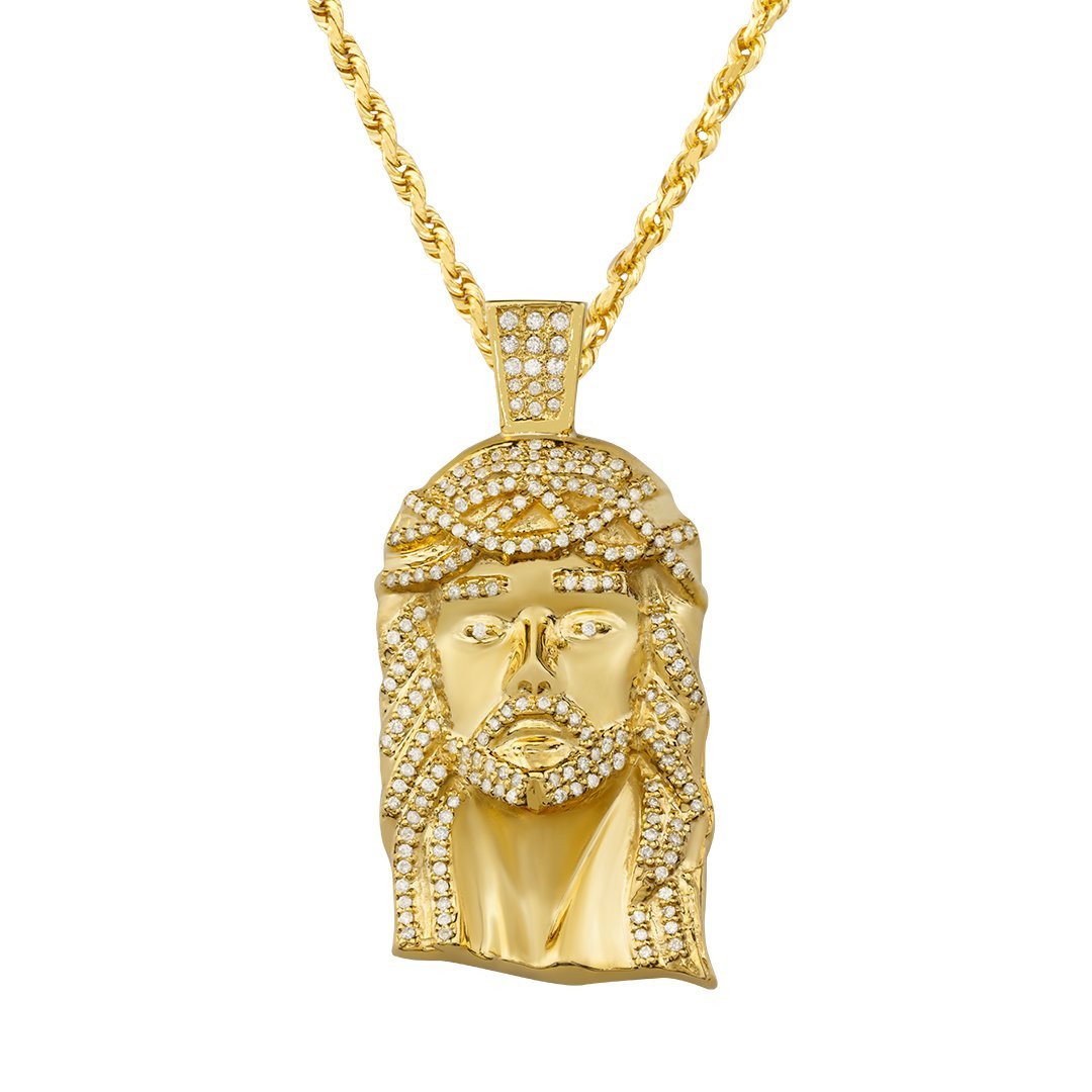 Yellow 10K Solid Yellow Gold Mens Jesus Head Pendant With Round Cut Diamonds 3.11 Ctw