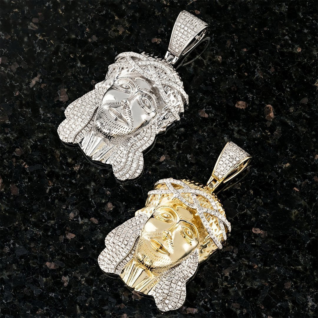 White, Yellow 10K Two Tone Gold Diamond Jesus Head Pendant 0.48 Ctw