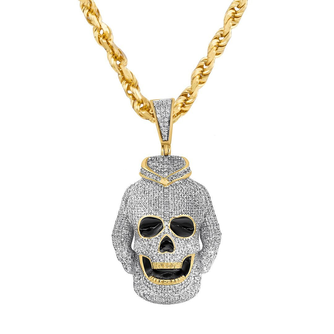 Yellow and White 10K Two Tone Gold Diamond Skull Hoodie Pendant 1.41 Ctw