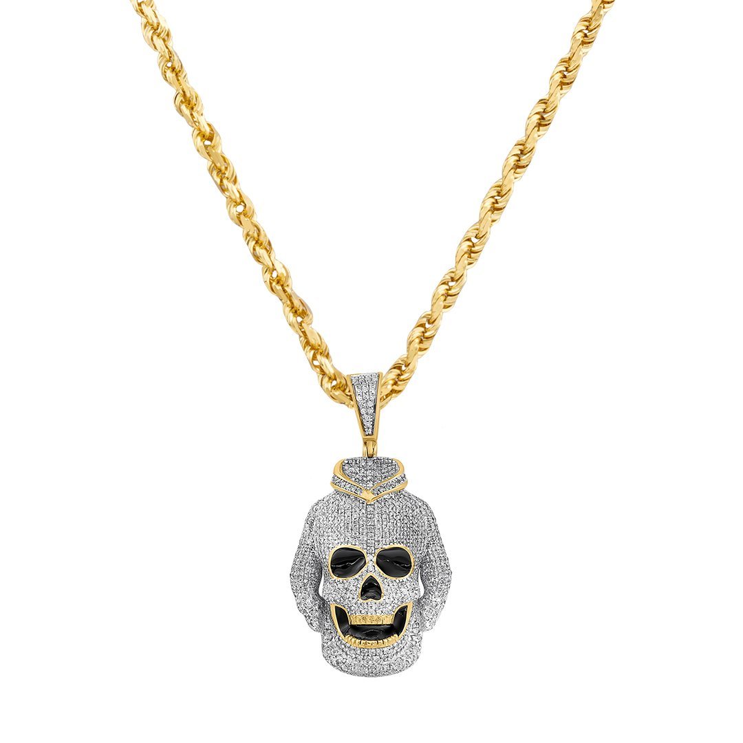 Yellow and White 10K Two Tone Gold Diamond Skull Hoodie Pendant 1.41 Ctw