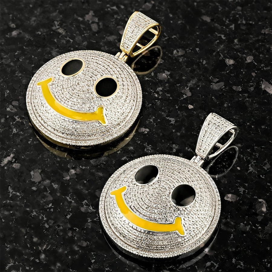 White, Yellow 10k Two Tone Gold Diamond Smile Face Emoji Pendant 0.75 Ctw