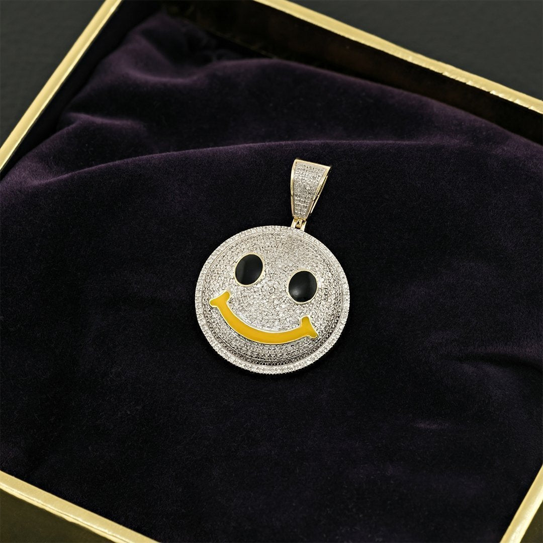 White, Yellow 10k Two Tone Gold Diamond Smile Face Emoji Pendant 0.75 Ctw