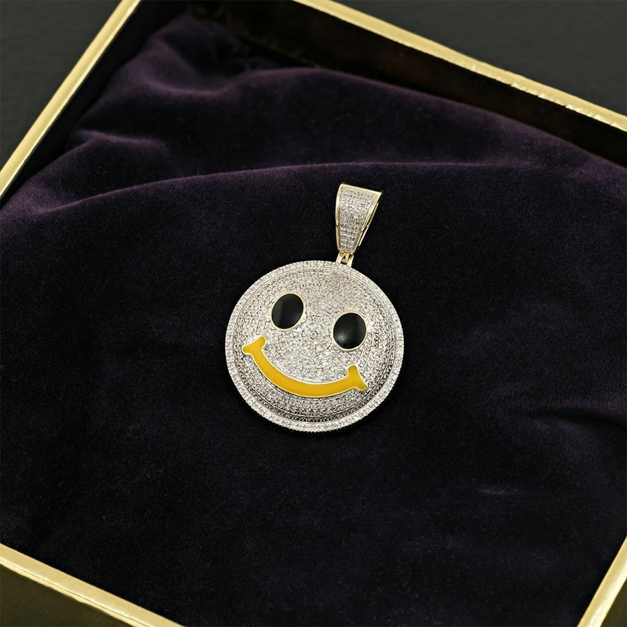 White, Yellow 10k Two Tone Gold Diamond Smile Face Emoji Pendant 0.75 Ctw