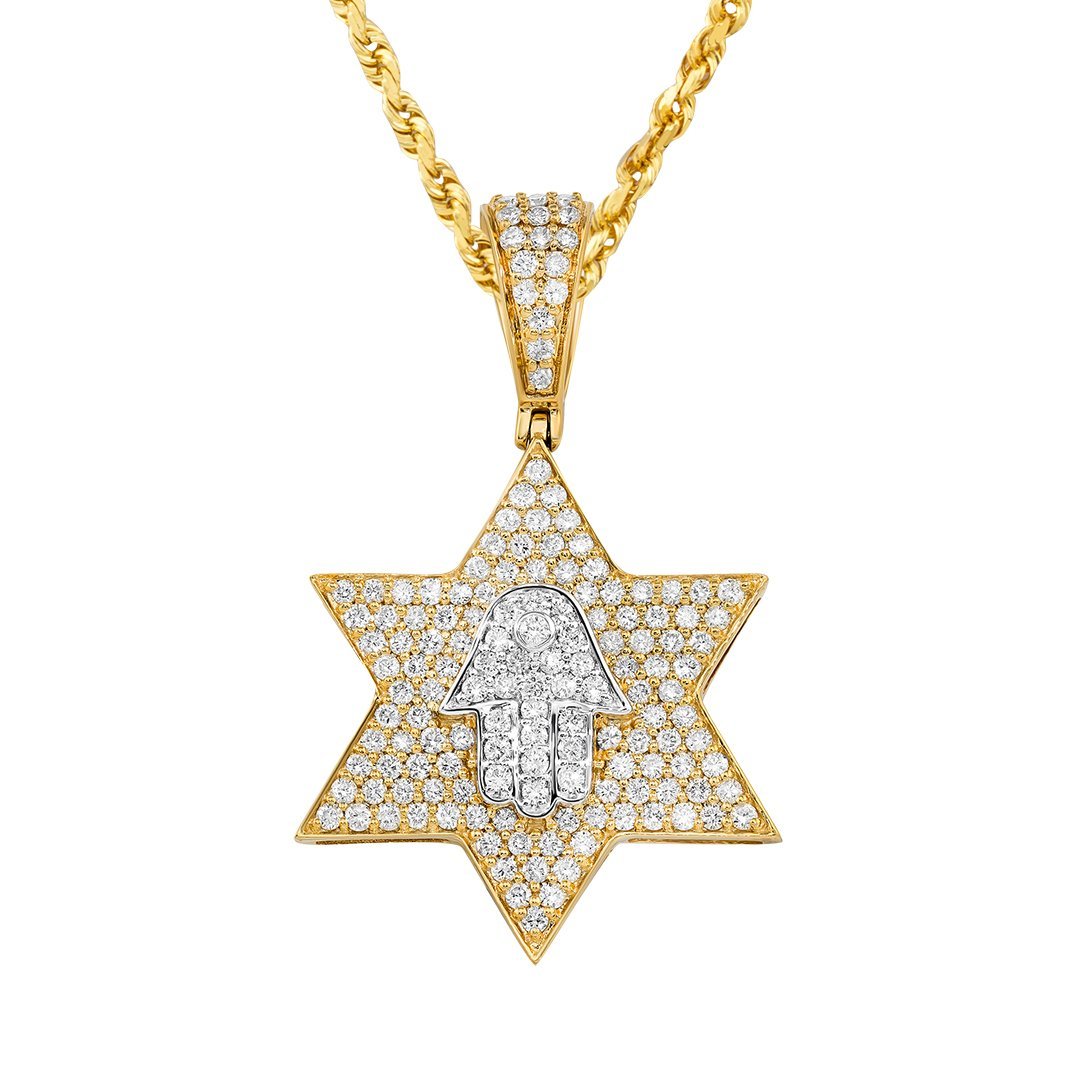 10K Two Tone Gold Diamond Star of David and Hamsa Pendant 1.50 Ctw