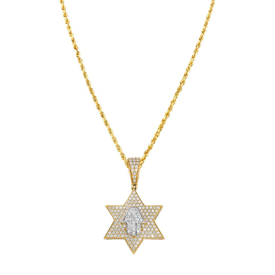 10K Two Tone Gold Diamond Star of David and Hamsa Pendant 1.50 Ctw