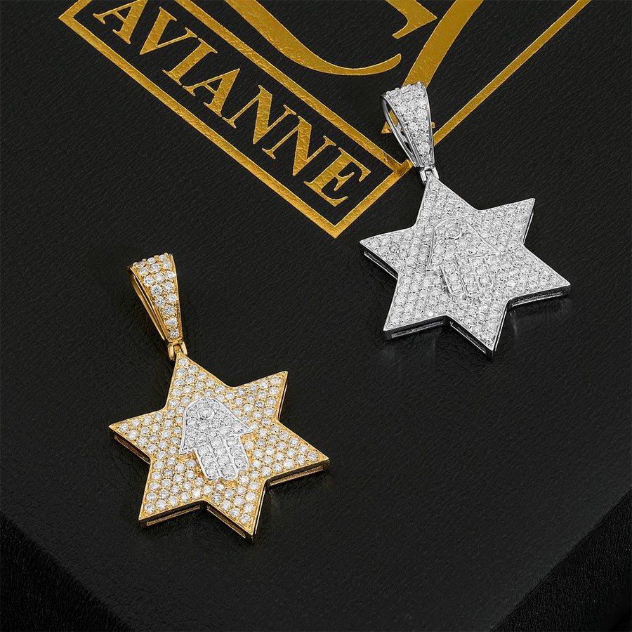 10K Two Tone Gold Diamond Star of David and Hamsa Pendant 1.50 Ctw