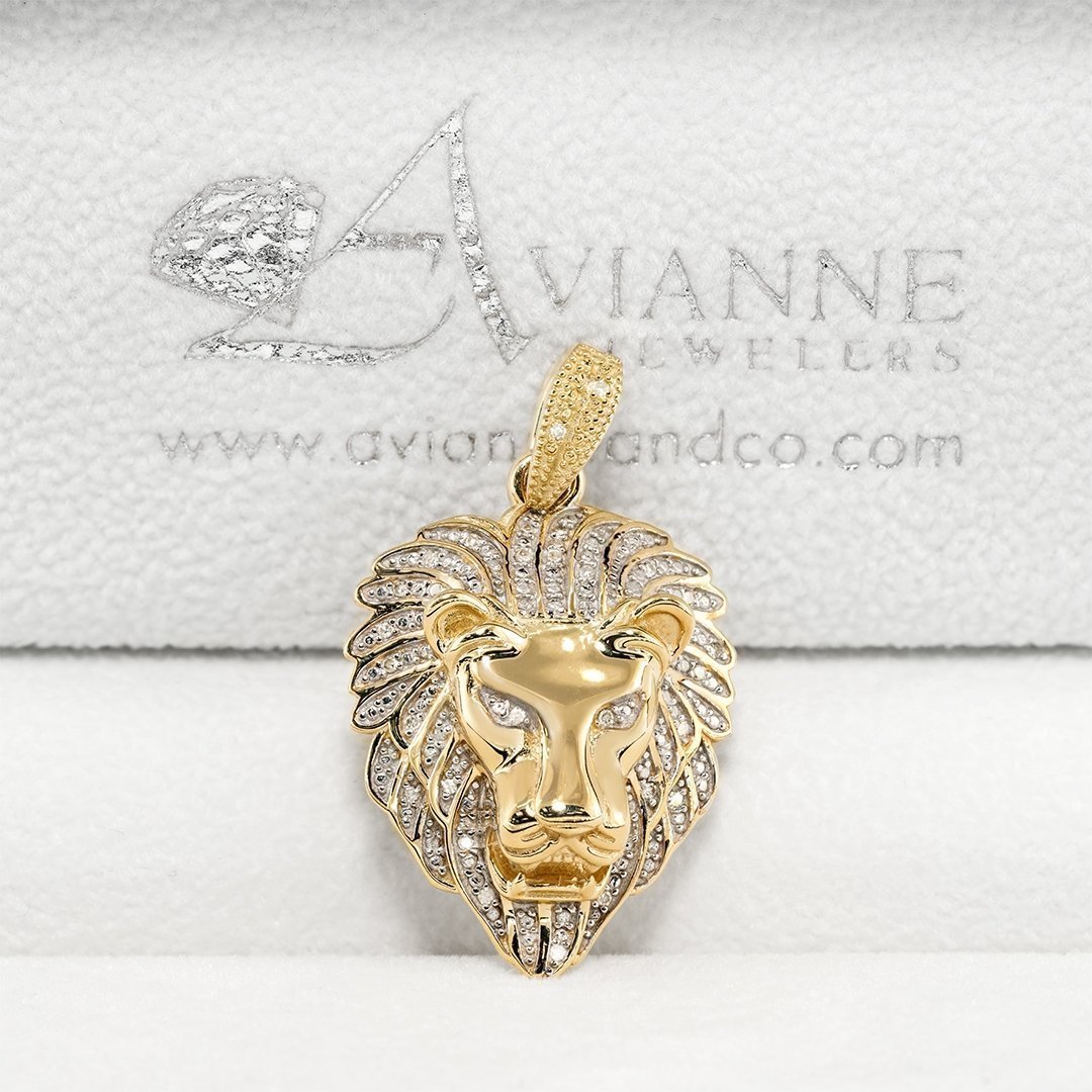 10K Solid Yellow And White Gold Lion Pendant - Diamond Cut, Unisex Necklace Charm