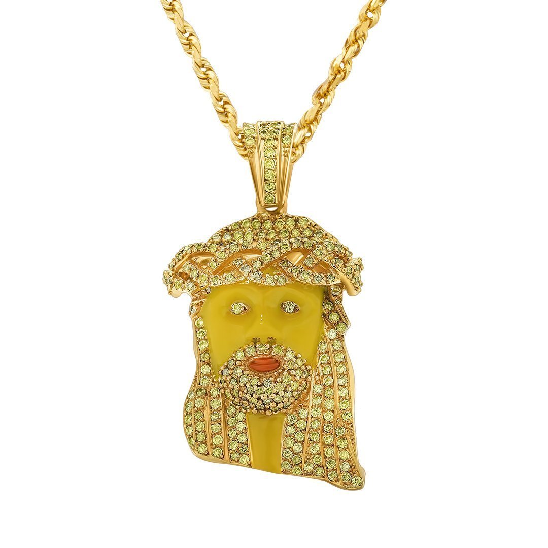 Yellow 10k Yellow gold Yellow Diamond Jesus Piece Pendant with Enamel 3.30 carats