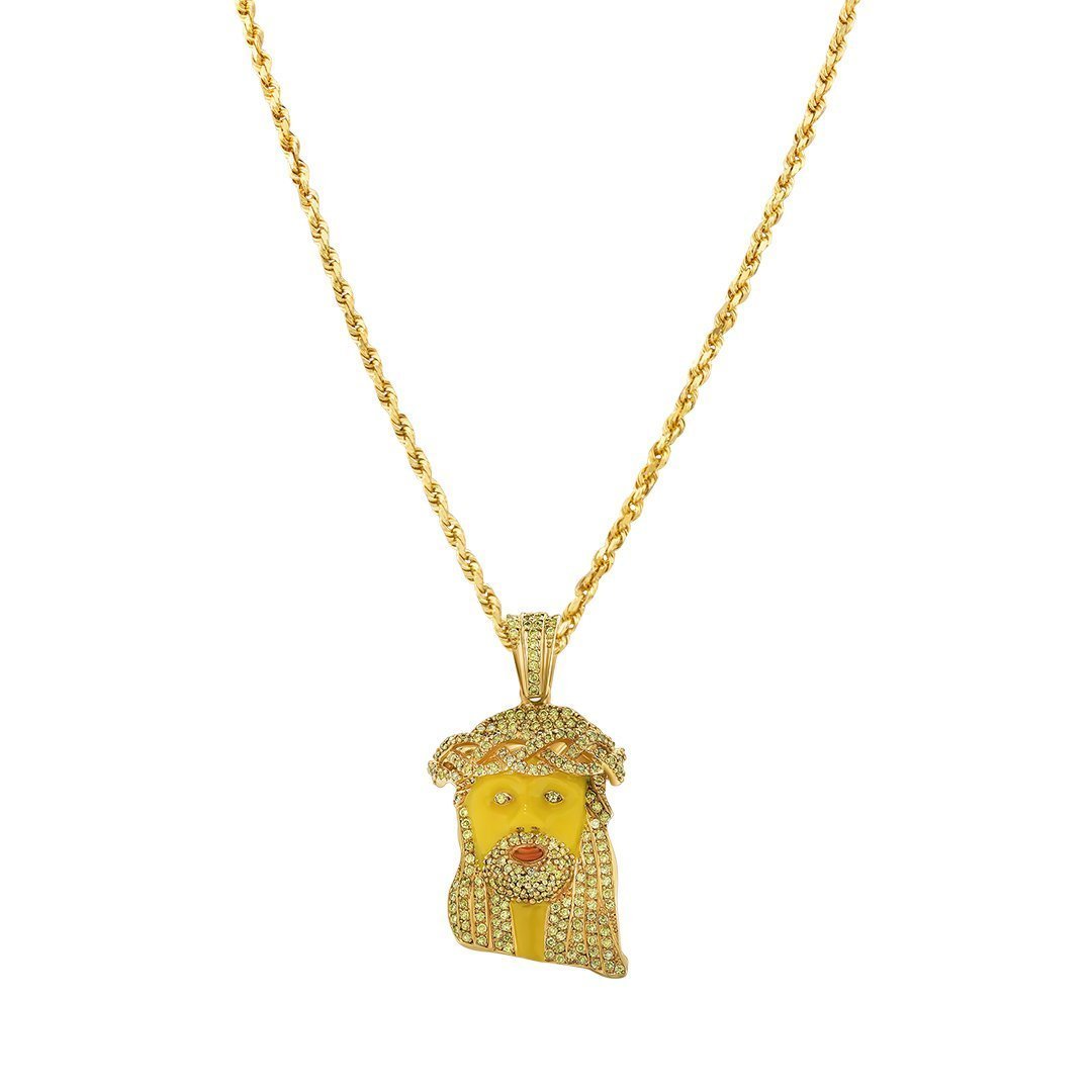 Yellow 10k Yellow gold Yellow Diamond Jesus Piece Pendant with Enamel 3.30 carats