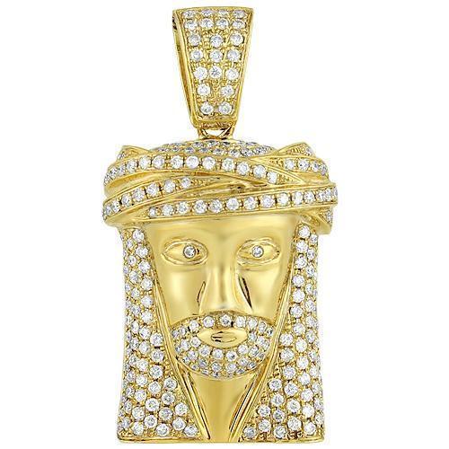 Yellow 10K Yellow Solid Gold Mens Diamond Small Jesus Head Pendant 2.00 Ctw