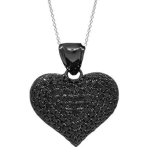14K Solid Gold Black Rhodium Plated Womens Diamond Heart Pendant with Black Diamonds 2.21 Ctw