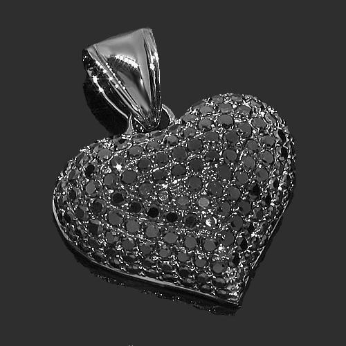 14K Solid Gold Black Rhodium Plated Womens Diamond Heart Pendant with Black Diamonds 2.21 Ctw