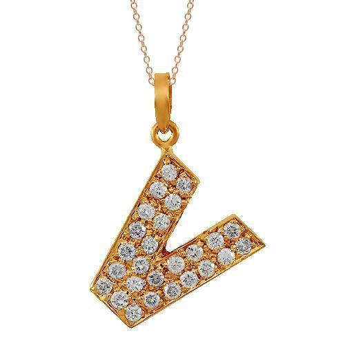 Rose 14K Solid Rose Gold Diamond Letter Initial V Pendant 0.75 Ctw