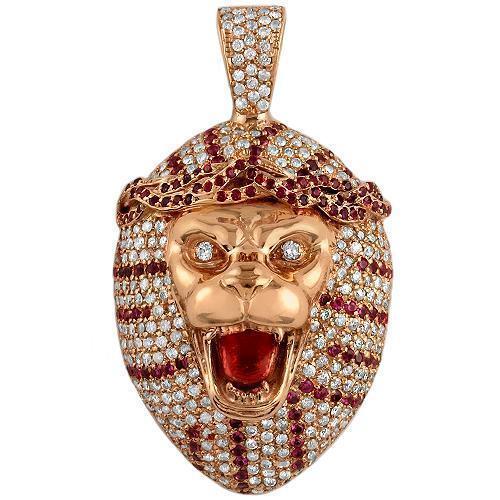 14K Solid Rose Gold Mens Custom Design Diamond Tiger Pendant With White And Red Diamonds 5.50 Ctw