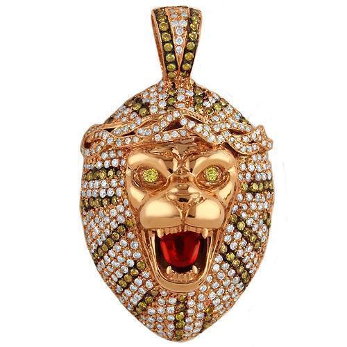14K Solid Rose Gold Mens Custom Design Diamond Tiger Pendant With White And Yellow Diamonds
