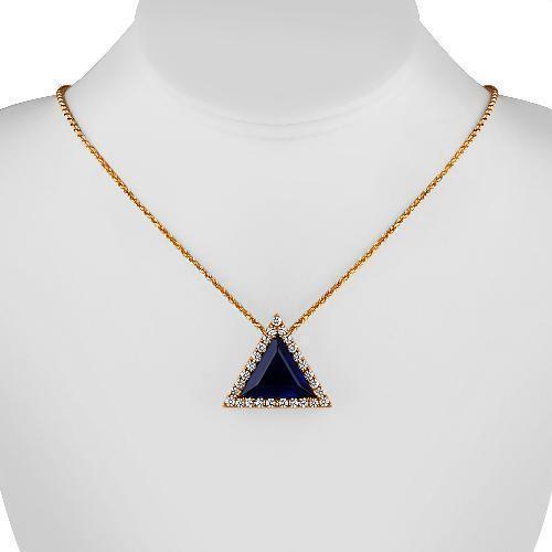 14K Solid Rose Gold Triangular Diamond Pendant with Blue Sapphire 15.00 Ctw