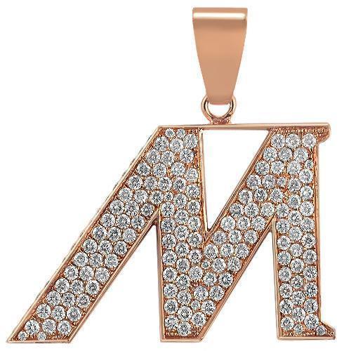 14K Solid Rose Gold Unisex Diamond Initial Letter 'M' Pendant 3.75 Ctw