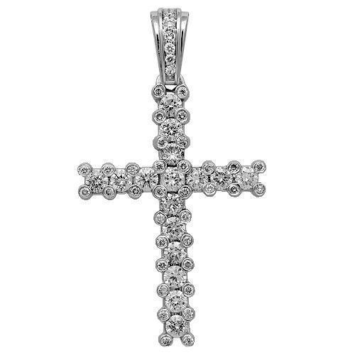 14K Solid White Gold Diamond Cross Pendant 2.50 Ctw