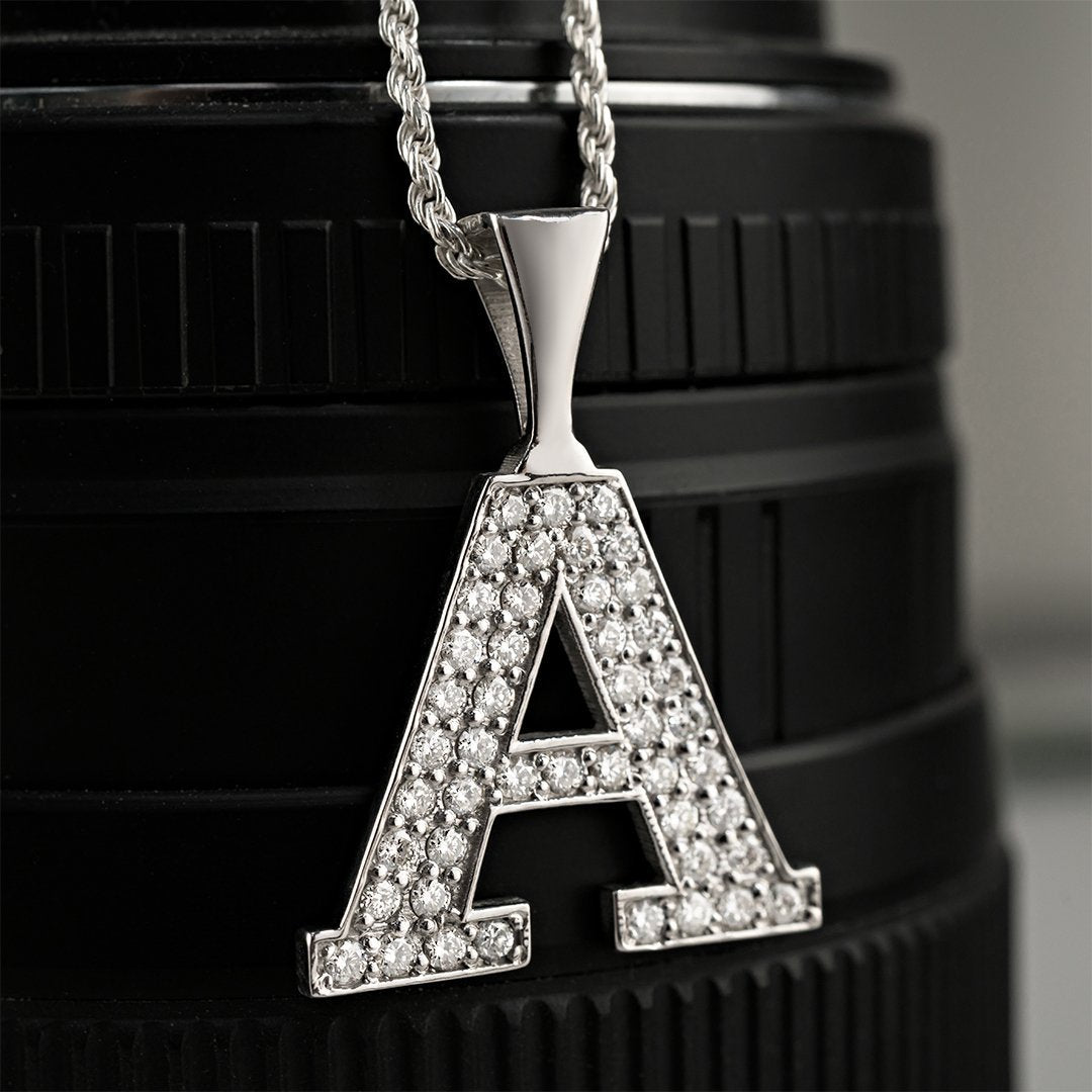 White 14K Solid White Gold Diamond Letter Initial A Pendant 1.45 Ctw