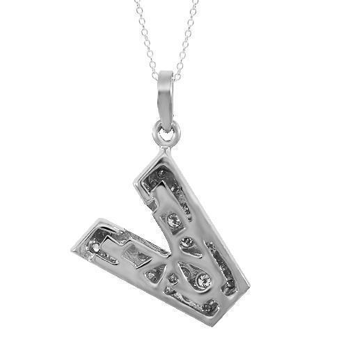 White 14K Solid White Gold Diamond Letter Initial V Pendant 0.75 Ctw