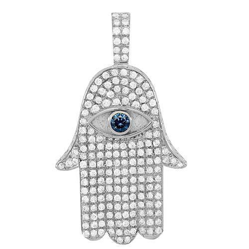 14K Solid White Gold Diamond Sapphire Hamsa Pendant 2.50 Ctw