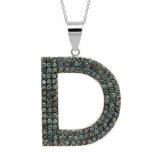14K Solid White Gold Mens Blue Diamond Initial Letter Pendant 4.13 Ctw