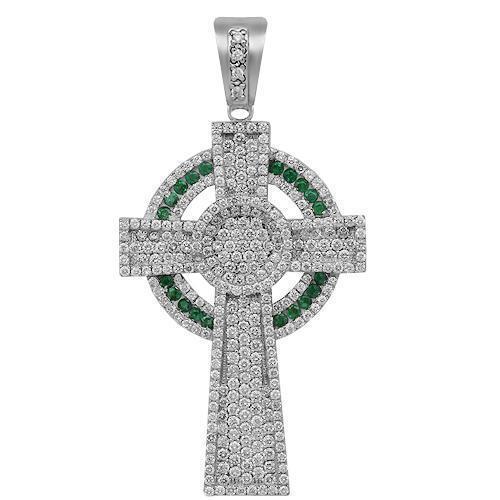 14K Solid White Gold Mens Diamond Cross Pendant with Emeralds 6.50 Ctw