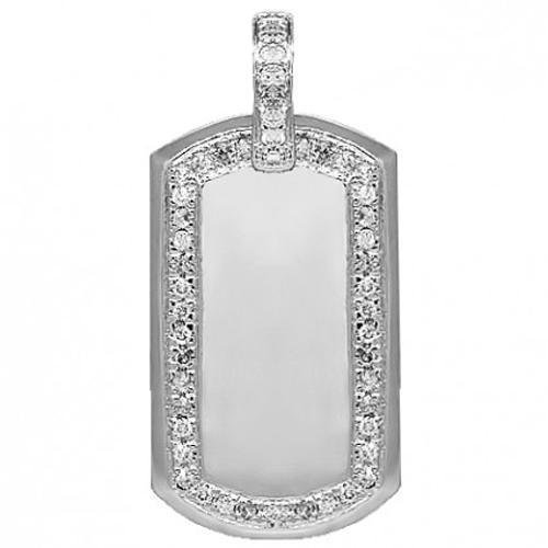 14K Solid White Gold Mens Diamond Dog Tag Pendant Ctw