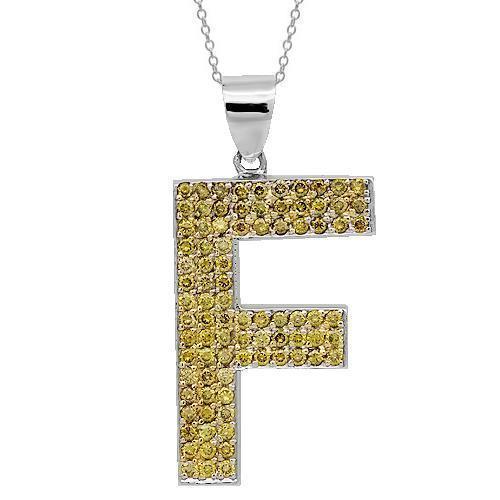14K Solid White Gold Mens Yellow Diamond Initial Letter Pendant Ctw