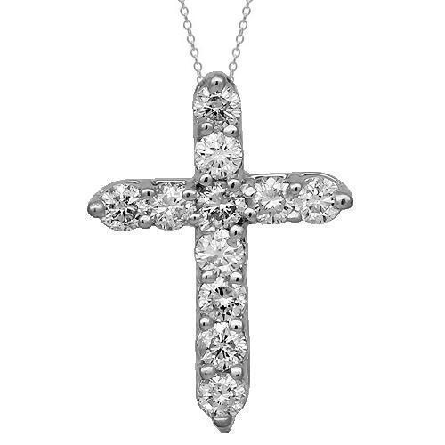 White 14K Solid White Gold Womens Diamond Cross Pendant 1.00 Ctw