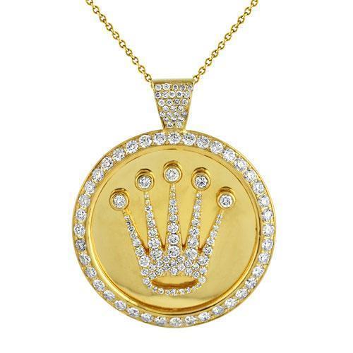 14K Solid Yellow Gold Crown Pendant With Round Diamonds 5.75 Ctw