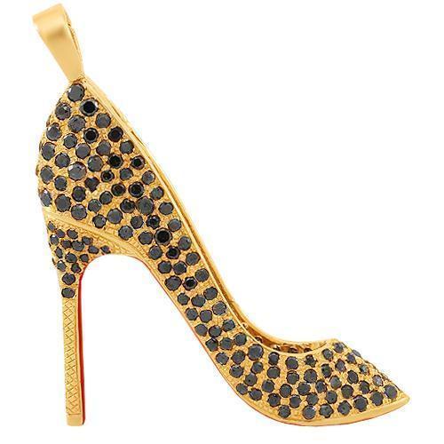 14K Solid Yellow Gold Custom Diamond Lady Shoe Pendant With Black 