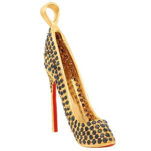 14K Solid Yellow Gold Custom Diamond Lady Shoe Pendant With Black Diamonds 3.00 Ctw