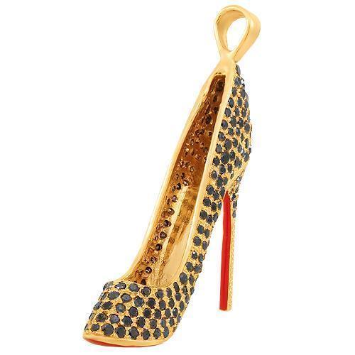 14K Solid Yellow Gold Custom Diamond Lady Shoe Pendant With Black Diamonds 3.00 Ctw