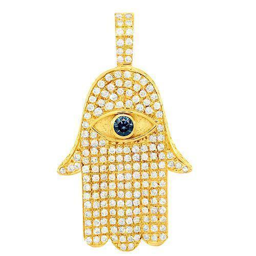 14K Solid Yellow Gold Diamond Sapphire Hamsa Pendant 2.50 Ctw