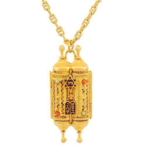 Yellow 14K Solid Yellow Gold Gemstone Torah Pendant 0.30 Ctw