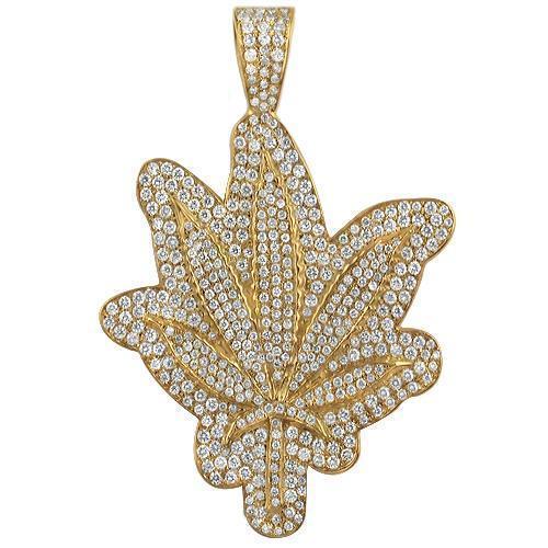 14K Solid Yellow Gold Marijuana Leaf Diamond Pendant 4.50 Ctw